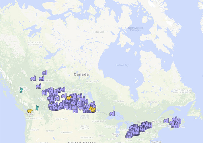 Map showing locations of growing projects across Canada